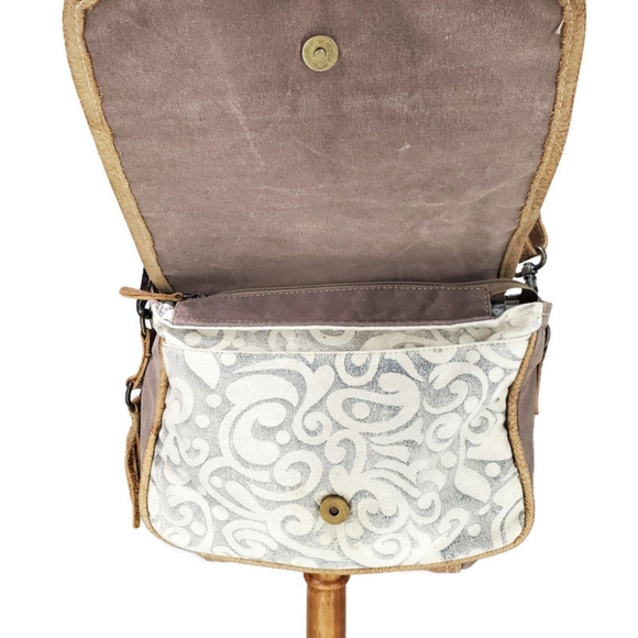 Myra Bag Glare Cowhide Upcycled Canvas Leather Messenger Crossbody Bag - Picture 6 of 16